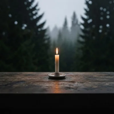 Lit Candle On Wooden Table In Misty Forest