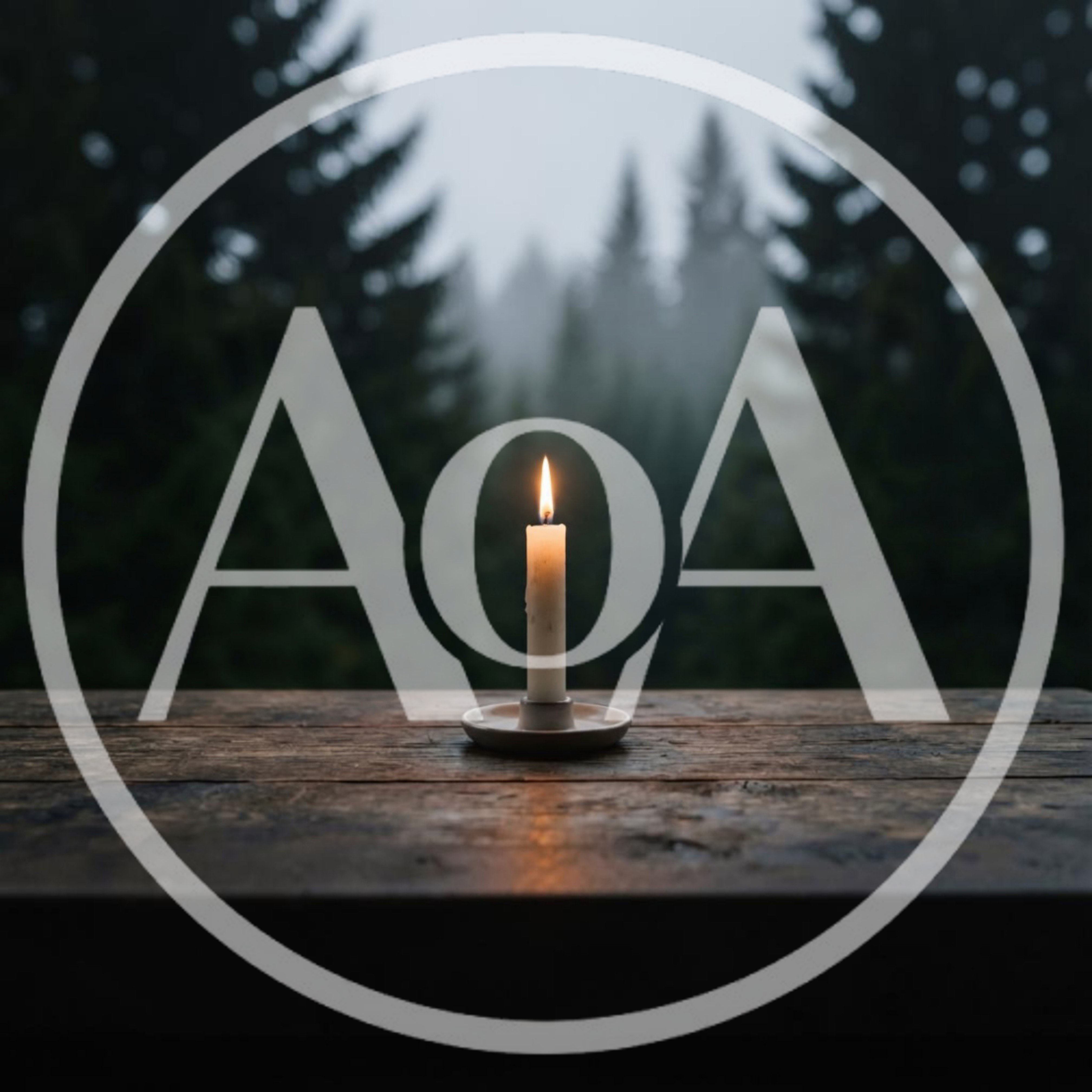 Lit Candle On Wooden Table In Misty Forest