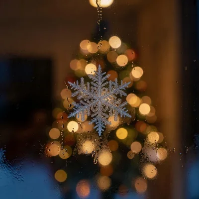 Snowflake Ornament On A Rainy Window With Christmas Lights