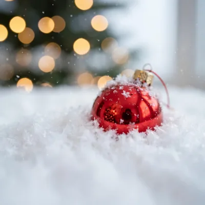 Red Christmas Ornament Resting In Fresh White Snow