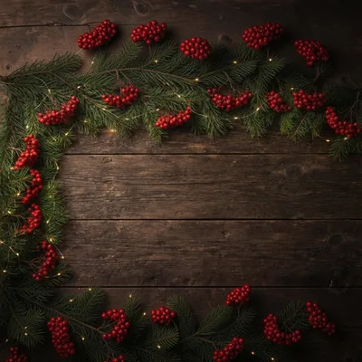 Christmas Pine Garland With Red Berries On Wood