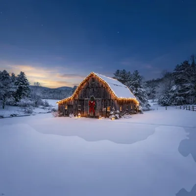 Rustic Wooden Barn Decorated For Christmas In Snowy Landscape