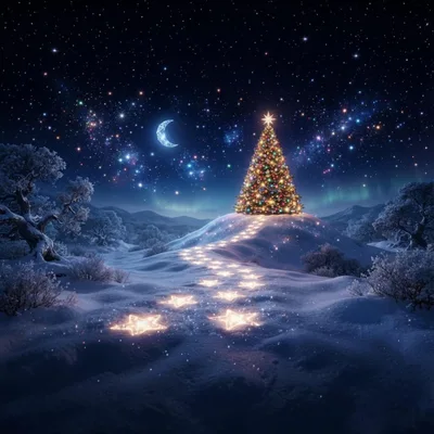 Illuminated Christmas Tree On Snowy Hill Under Starry Sky