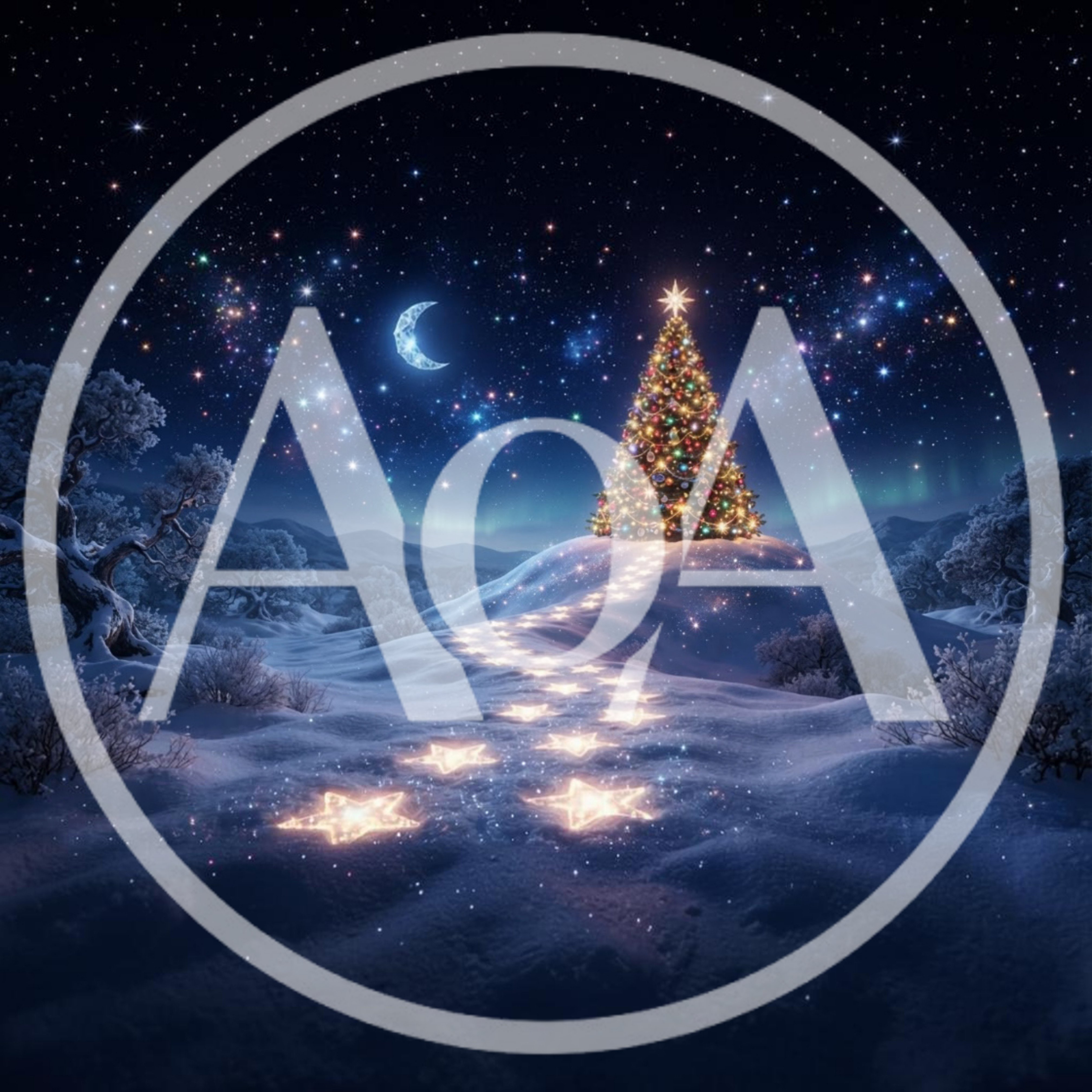 Illuminated Christmas Tree On Snowy Hill Under Starry Sky