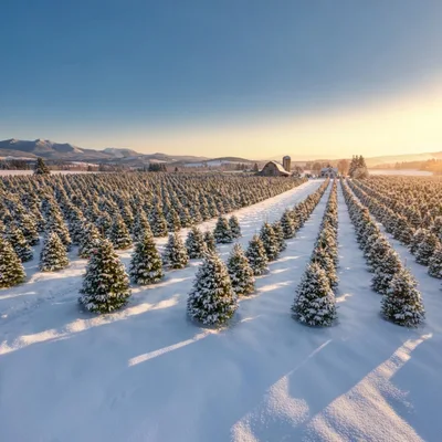 Aerial View Of A Snowy Christmas Tree Farm