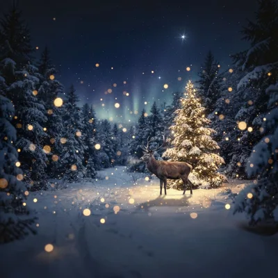 Majestic Stag Standing Beside Illuminated Christmas Tree In Forest