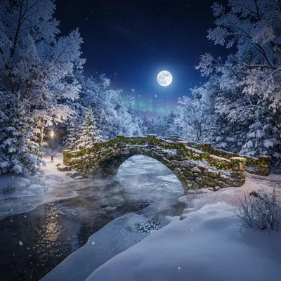 Stone Bridge Decorated With Christmas Lights In Snowy Forest