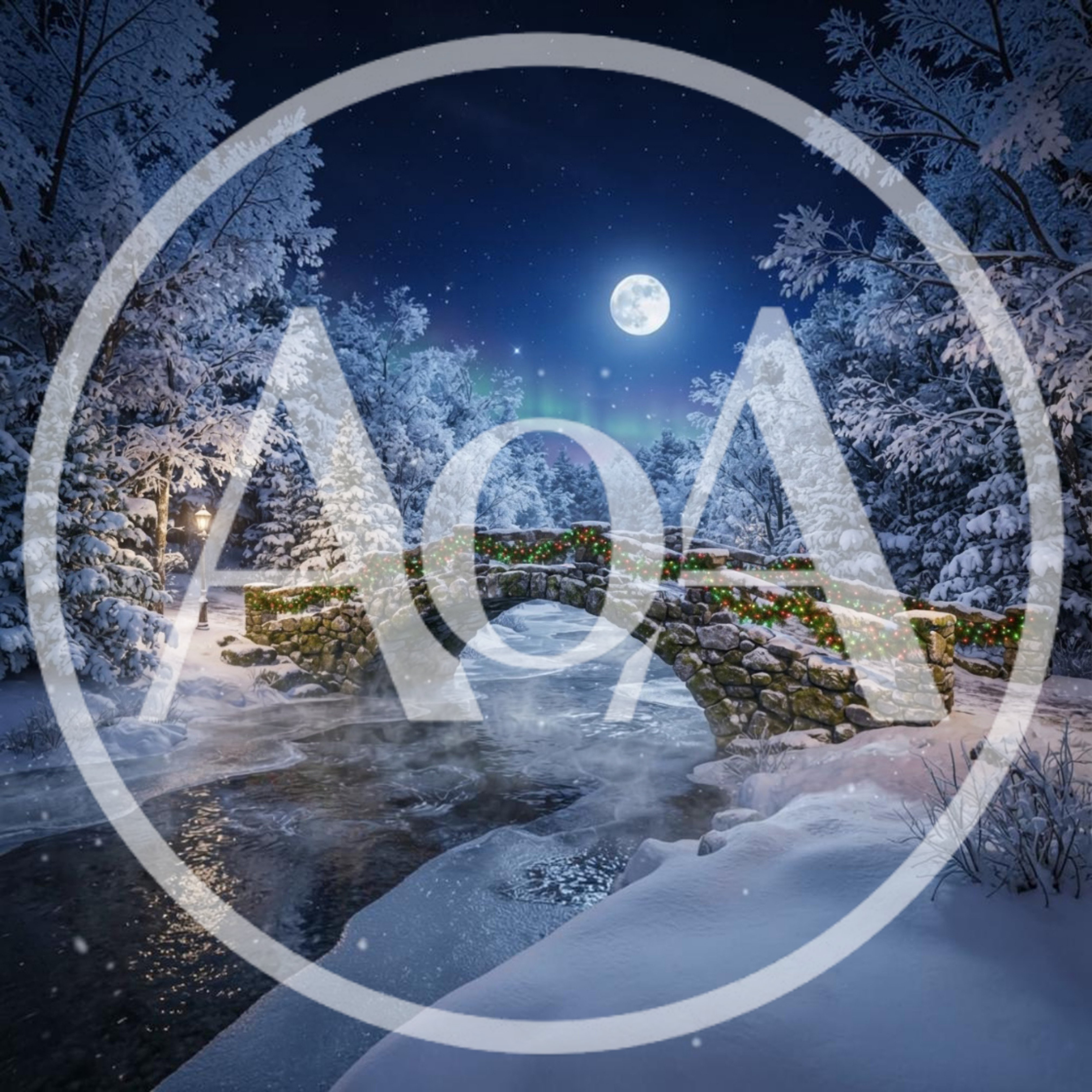Stone Bridge Decorated With Christmas Lights In Snowy Forest