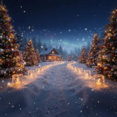 Enchanted Winter Cabin Path With Christmas Trees