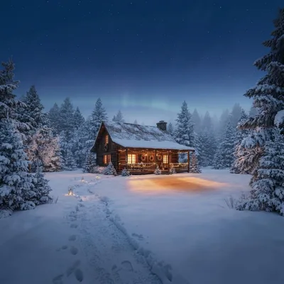Cozy Log Cabin In Snowy Winter Forest At Night