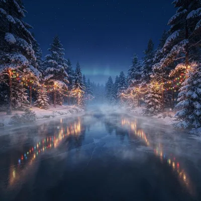 Winter Forest River With Festive String Lights