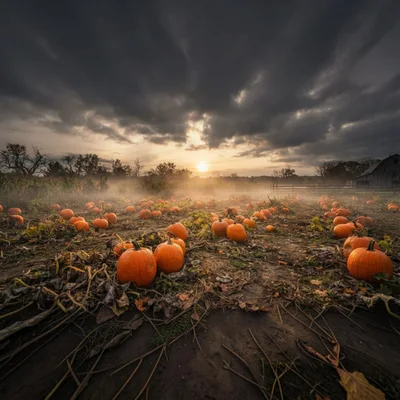 Pumpkins In A Misty Farm Field At Sunset