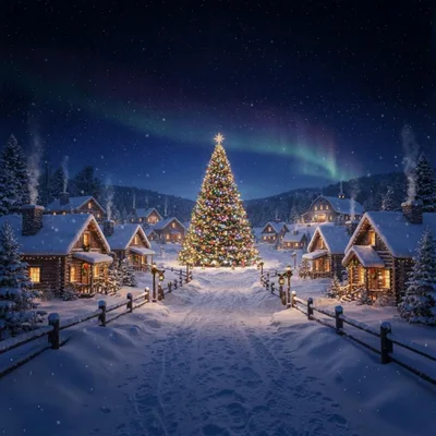 Festive Christmas Village With Large Decorated Tree