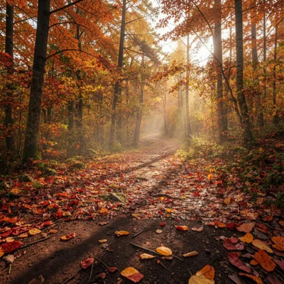 Sunlit Forest Path Covered In Vibrant Autumn Leaves