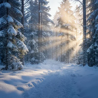 Sunlight Streaming Through Snowy Pine Forest