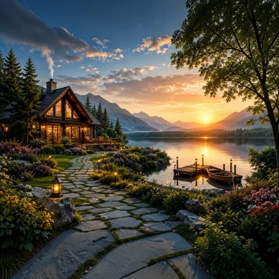 Cozy Lakeside Cabin At Sunset With Stone Pathway