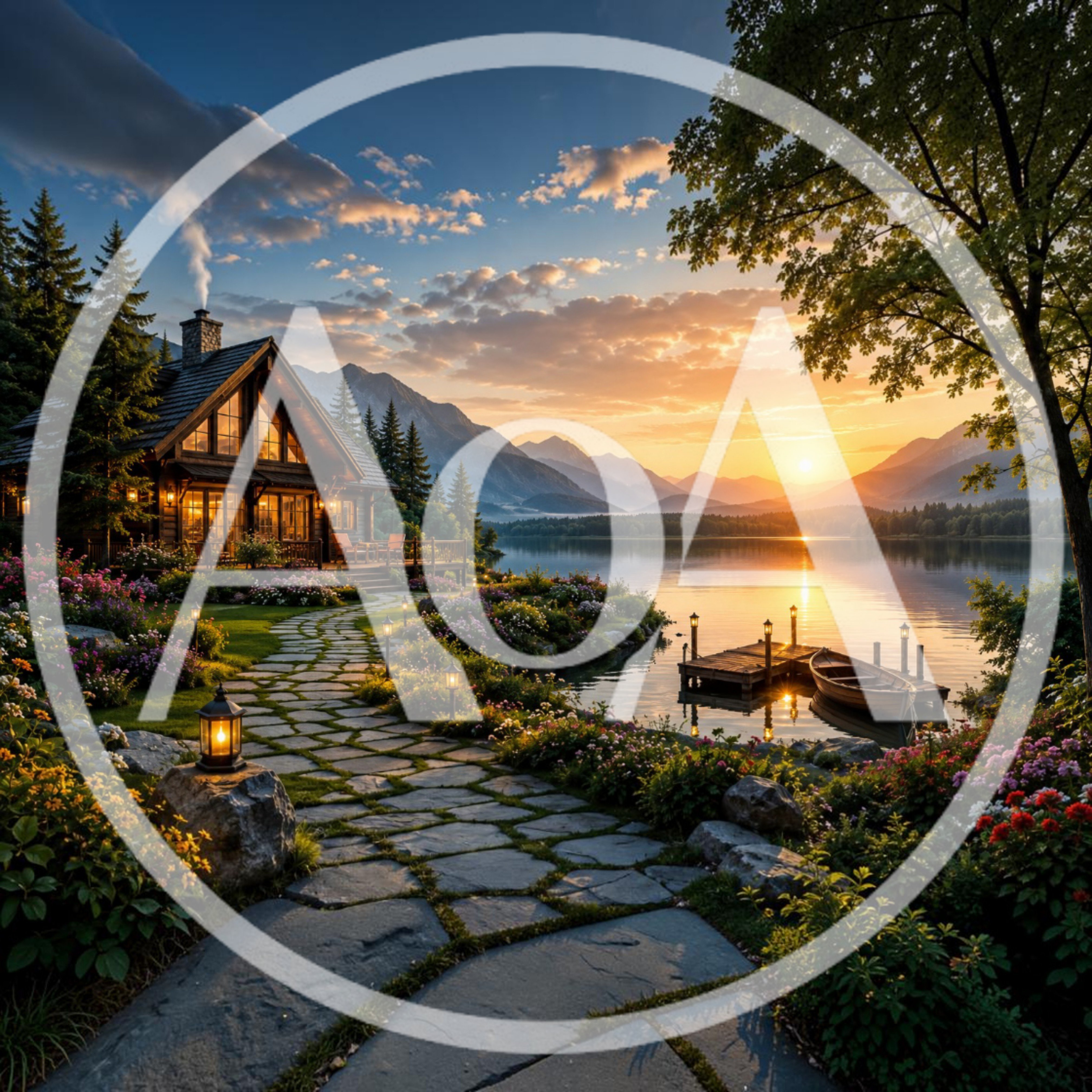Cozy Lakeside Cabin At Sunset With Stone Pathway