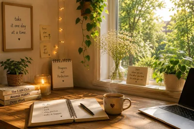 Cozy Desk Setup With Notebook And Laptop By Window