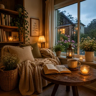 Cozy Reading Nook With Book And Coffee By Window