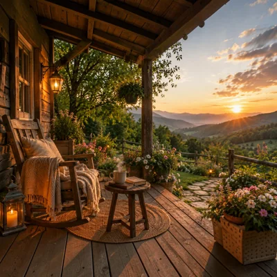 Cozy Porch With Rocking Chair At Sunset