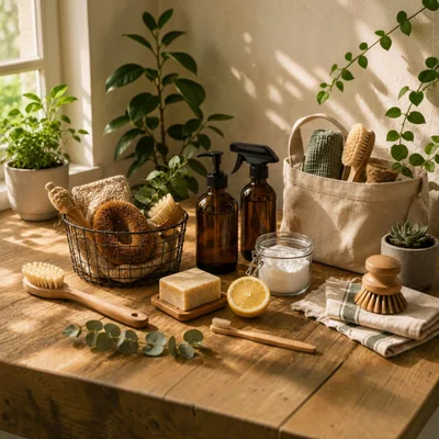 Eco Friendly Cleaning Supplies On A Wooden Table