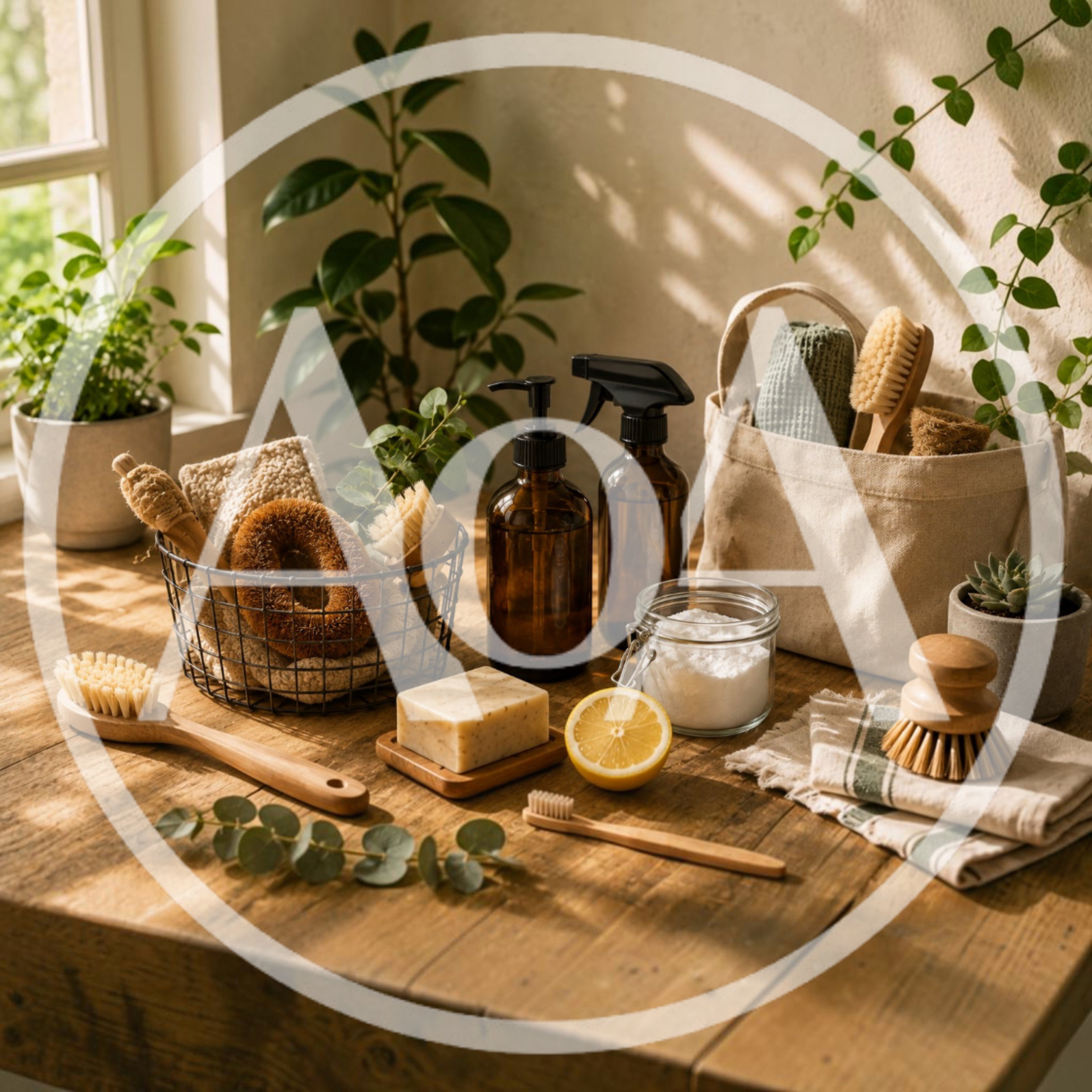 Eco Friendly Cleaning Supplies On A Wooden Table