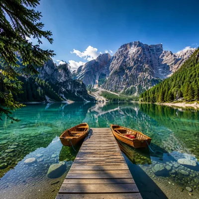 Wooden Rowboats Docked At Lake Braies In The Dolomites