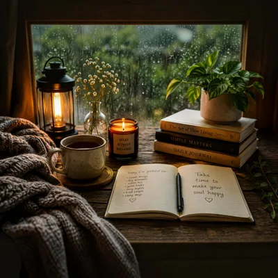 Cozy Rainy Day Journaling Scene With Tea And Candle