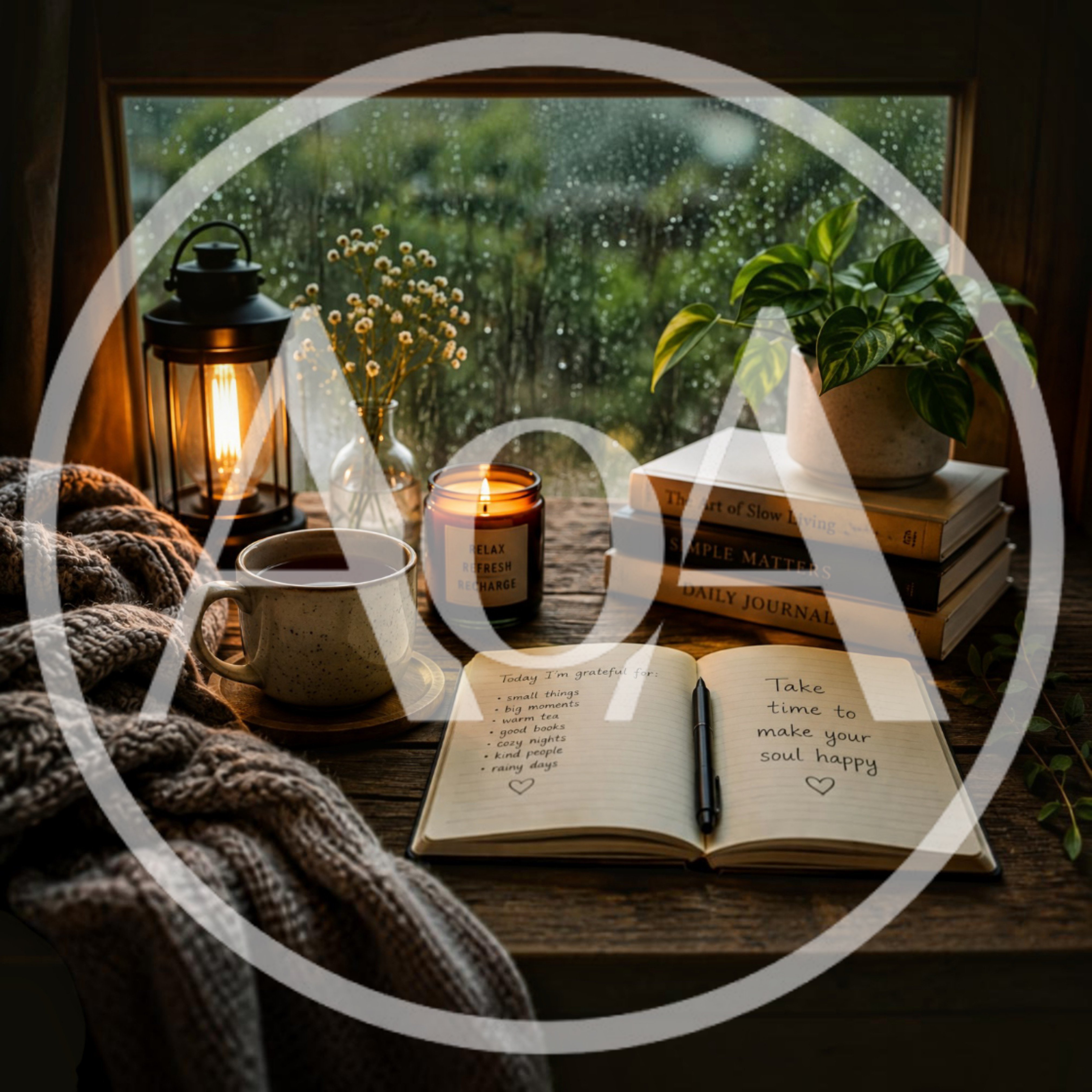 Cozy Rainy Day Journaling Scene With Tea And Candle