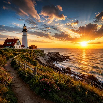 Portland Head Light Lighthouse at Golden Hour Sunset