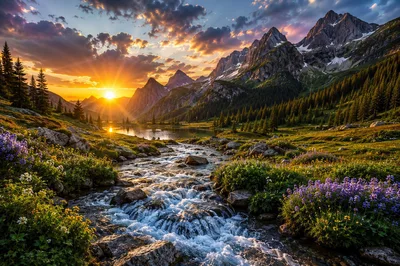 Mountain Stream Flowing Through Alpine Meadow At Sunset