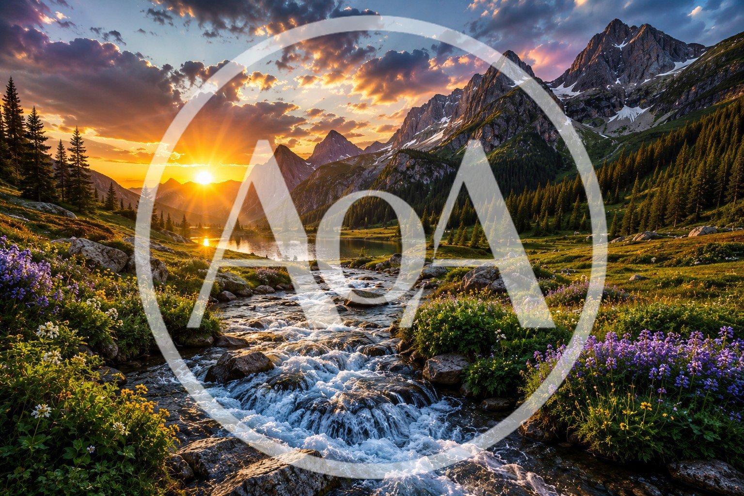 Mountain Stream Flowing Through Alpine Meadow At Sunset