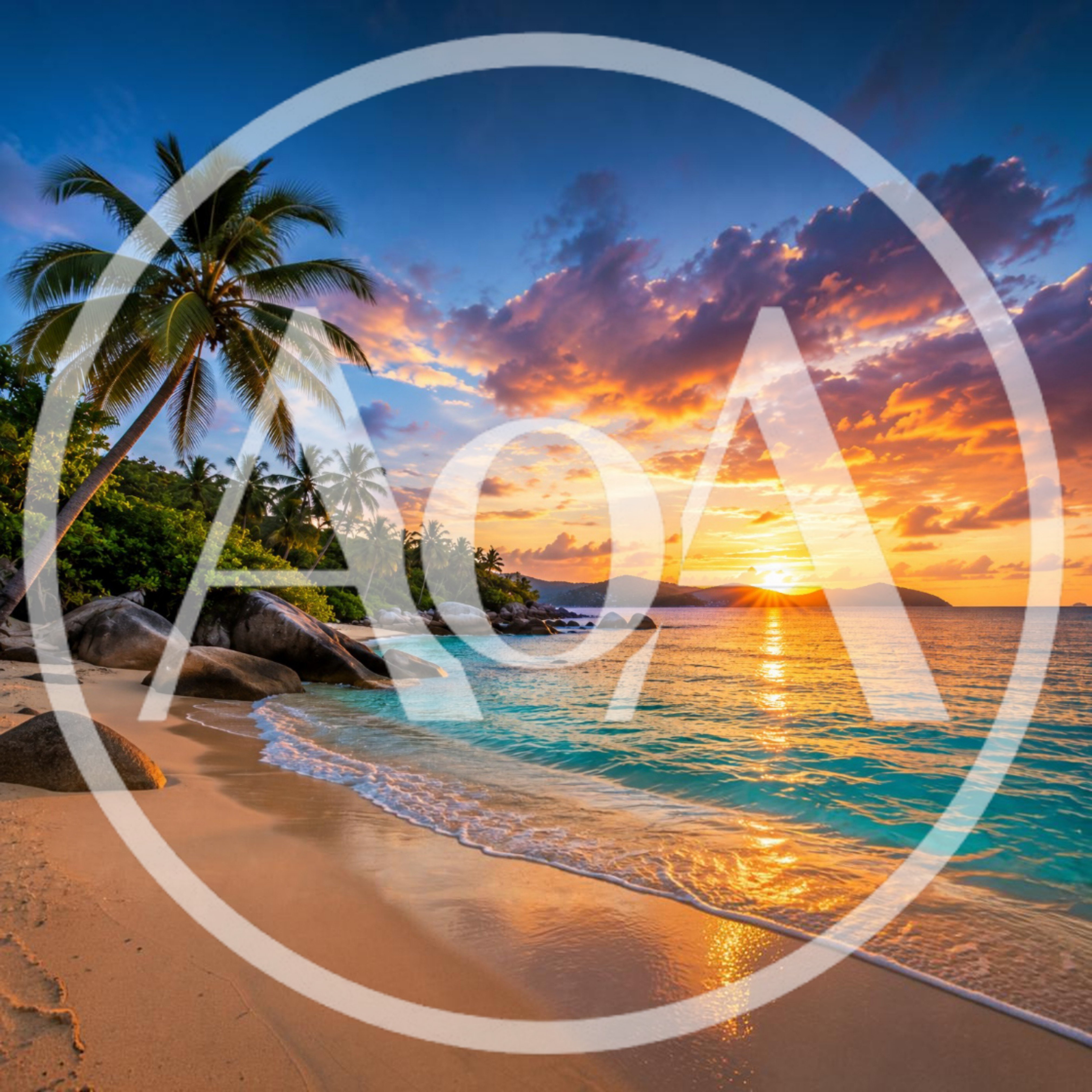 Tropical Beach Sunset With Palm Trees And Rocks