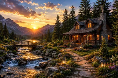 Cozy Log Cabin Beside A Mountain Stream At Sunset