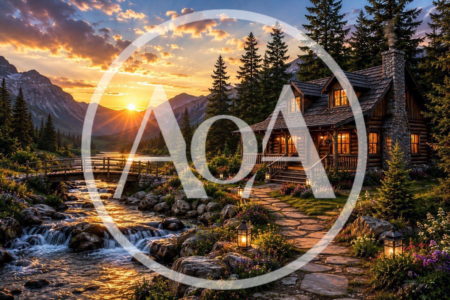 Cozy Log Cabin Beside A Mountain Stream At Sunset