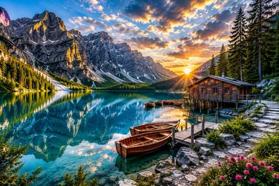 Wooden Boats At Lake Braies In The Italian Dolomites