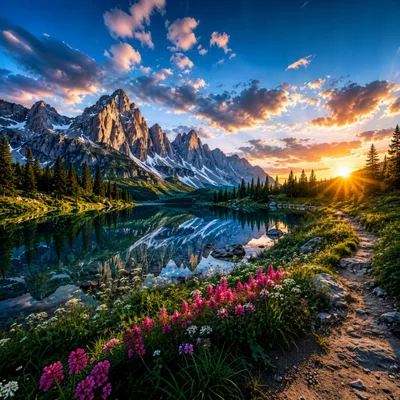 Stunning Mountain Lake Landscape At Sunset