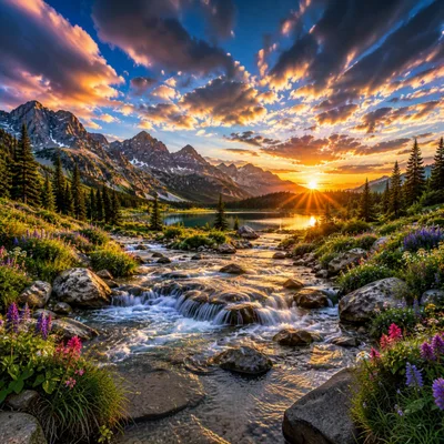 Stunning Mountain Lake Sunset With Flowing Stream