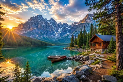 Log Cabin Beside Turquoise Lake and Mountain Range