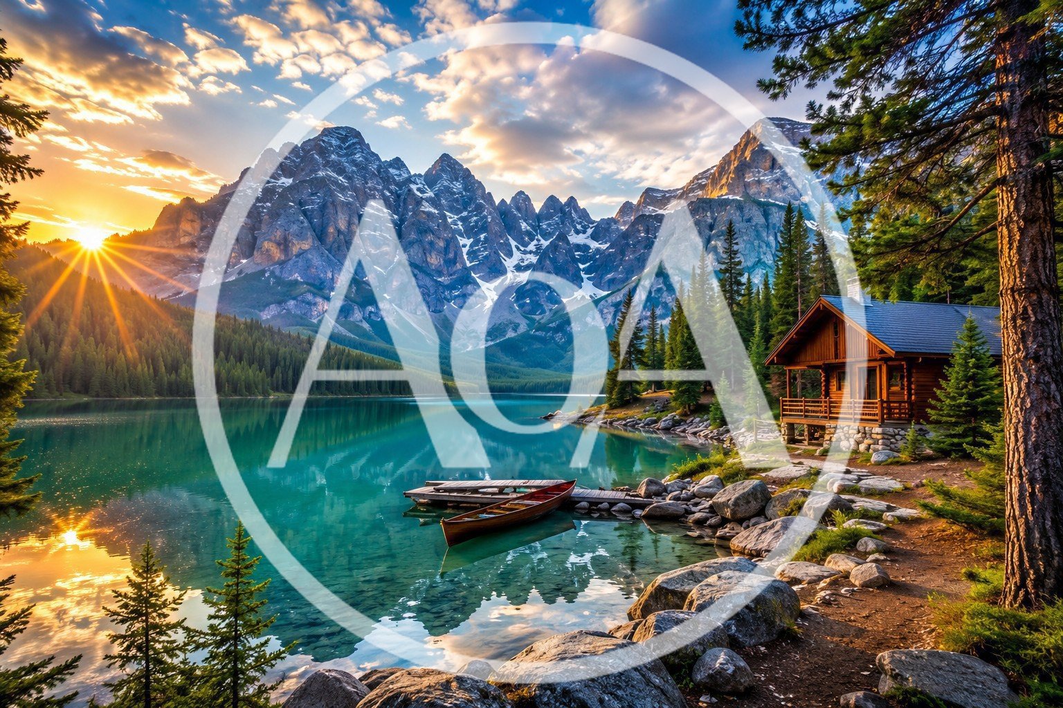 Log Cabin Beside Turquoise Lake and Mountain Range