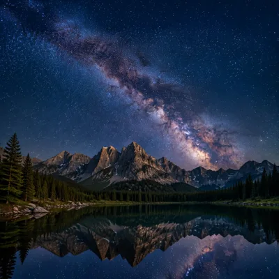 Milky Way Galaxy Over Reflective Mountain Lake