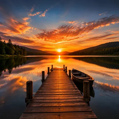 Wooden Pier With A Rowboat On A Calm Lake