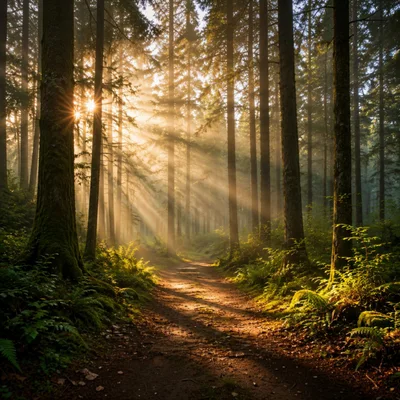 Sunlight Beams Through Misty Forest Path