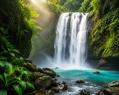 Majestic Waterfall Cascading Into A Turquoise Tropical Pool