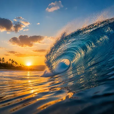 Golden Hour Ocean Wave Crashing At Sunset