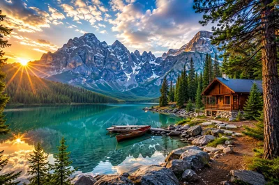 Log Cabin Beside Turquoise Lake Under Mountain Peaks