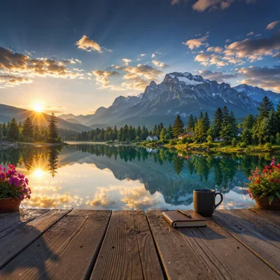 Morning Coffee And Journal On A Lakeside Wooden Dock