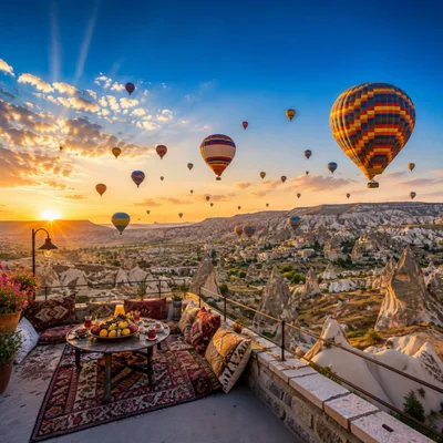 Hot Air Balloons Over Cappadocia Landscape At Sunrise