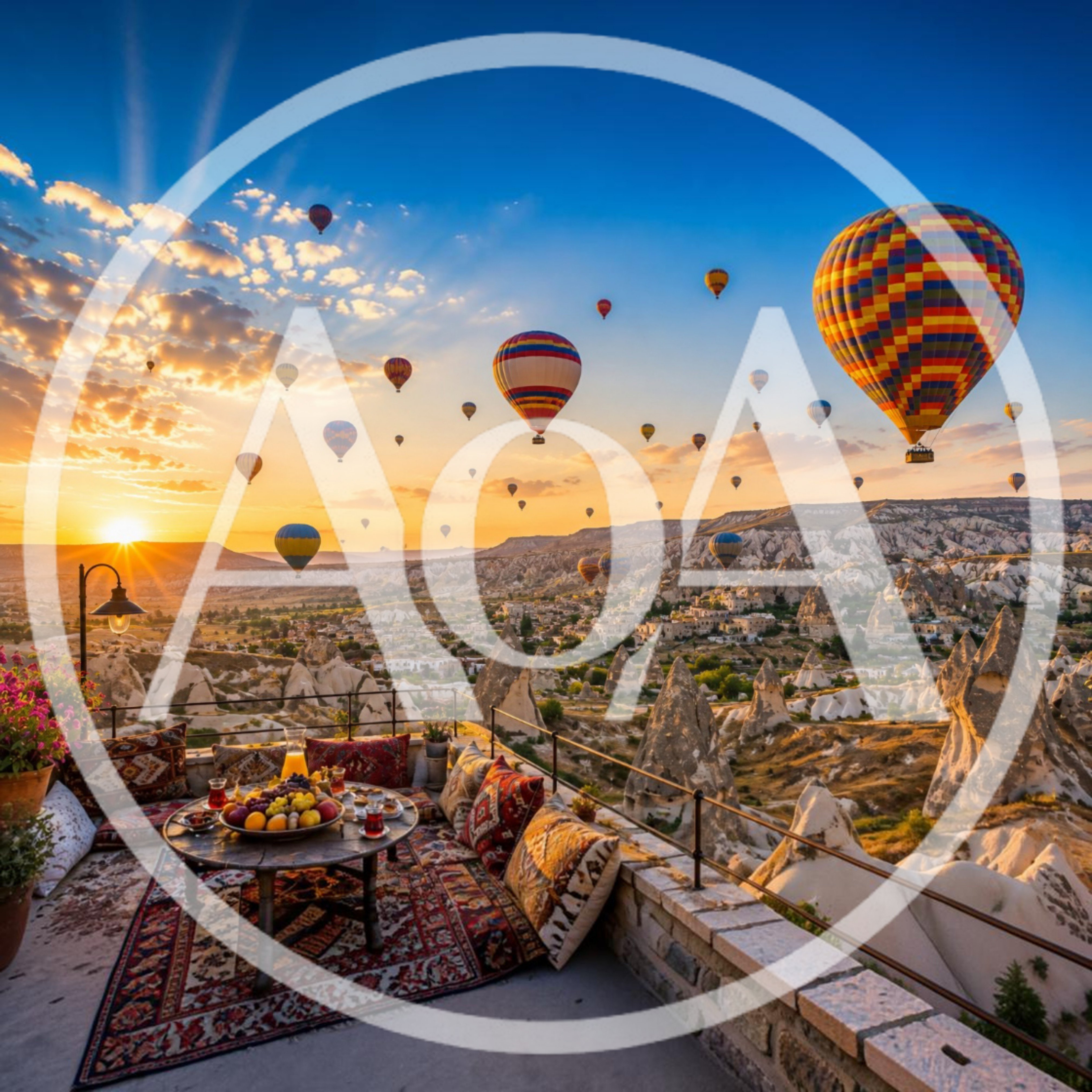 Hot Air Balloons Over Cappadocia Landscape At Sunrise