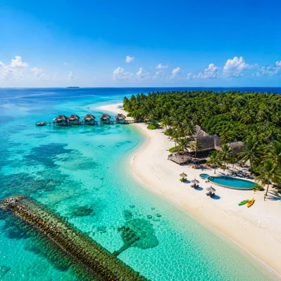 Aerial View Of Tropical Island Resort In Maldives